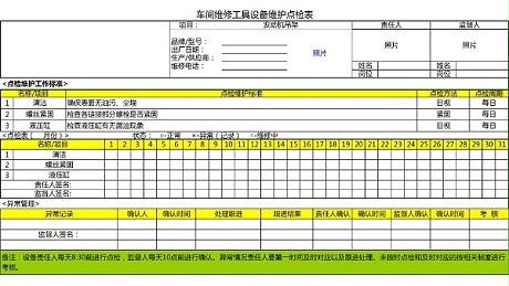 汽车4S店-发动机吊架 设备维护点检表