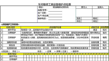 汽车4S店-喷油嘴测试清洗机 设备维护点检表