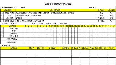 汽车4S店-车间员工休息室 维护点检表