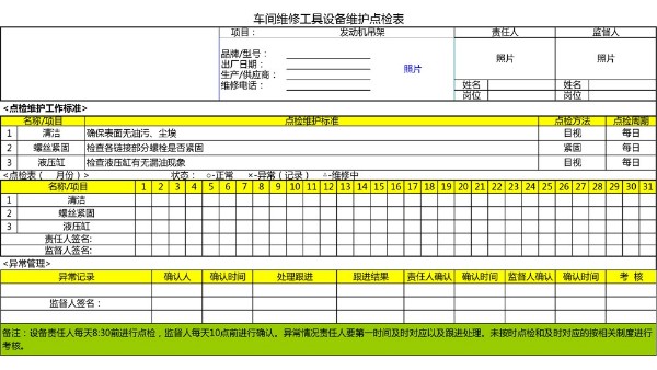 汽车4S店-发动机吊架 设备维护点检表