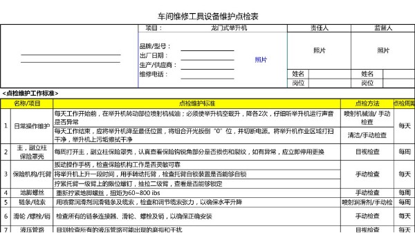 汽车4S店-双柱/龙门举升机 设备维护点检表