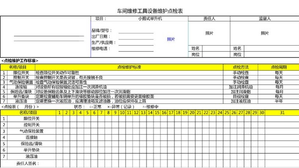 汽车4S店-小剪举升机 设备维护点检表