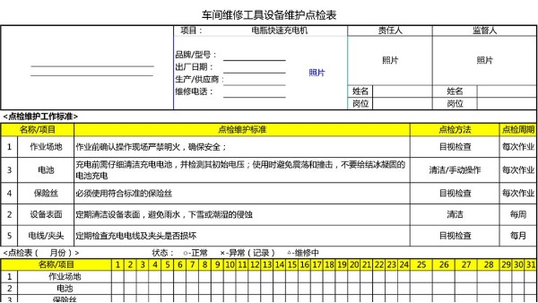 汽车4S店-电瓶快速充电机 设备维护点检表