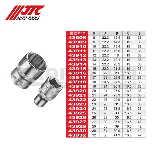 JTC43908 1/2英寸 手动短12角套筒8mm